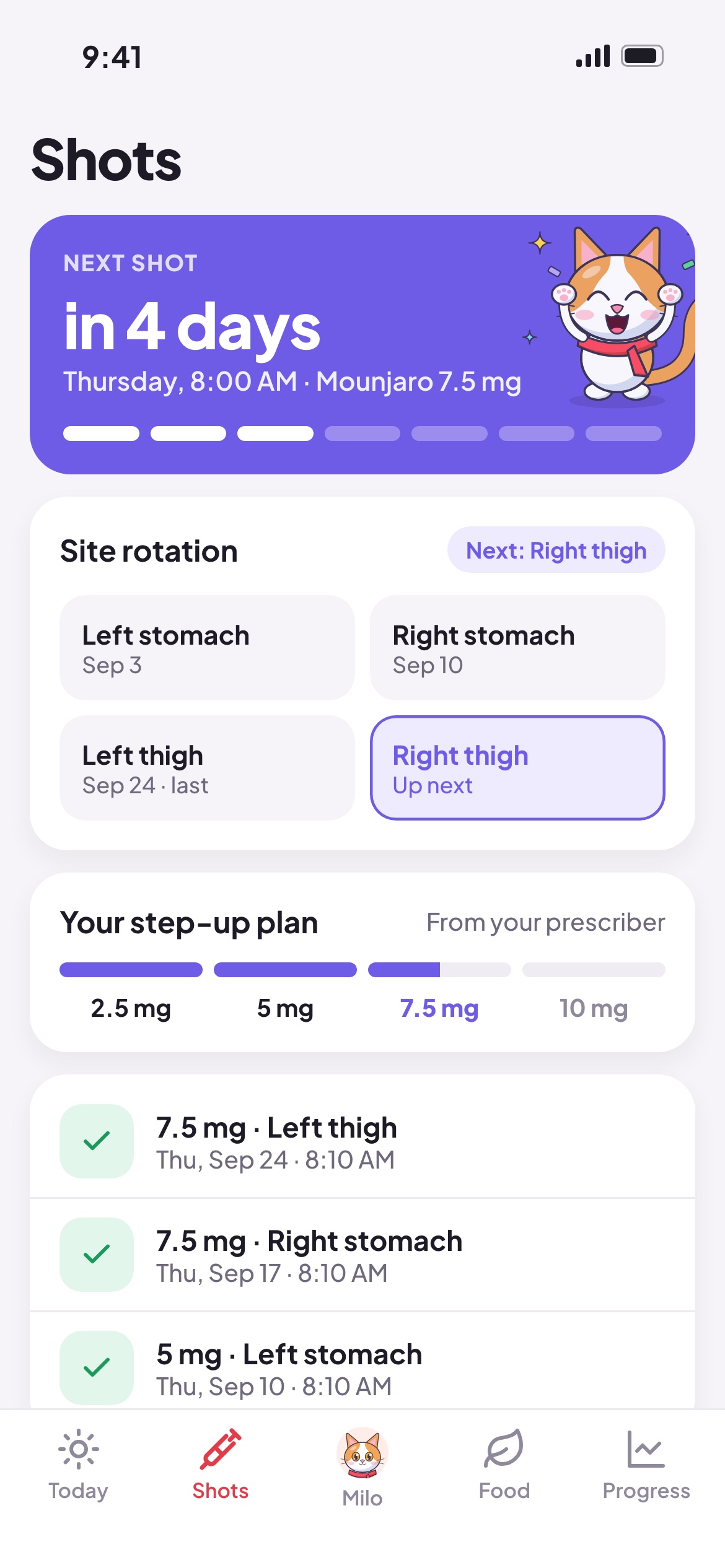 Shots screen: countdown to the next shot, site rotation and step-up plan