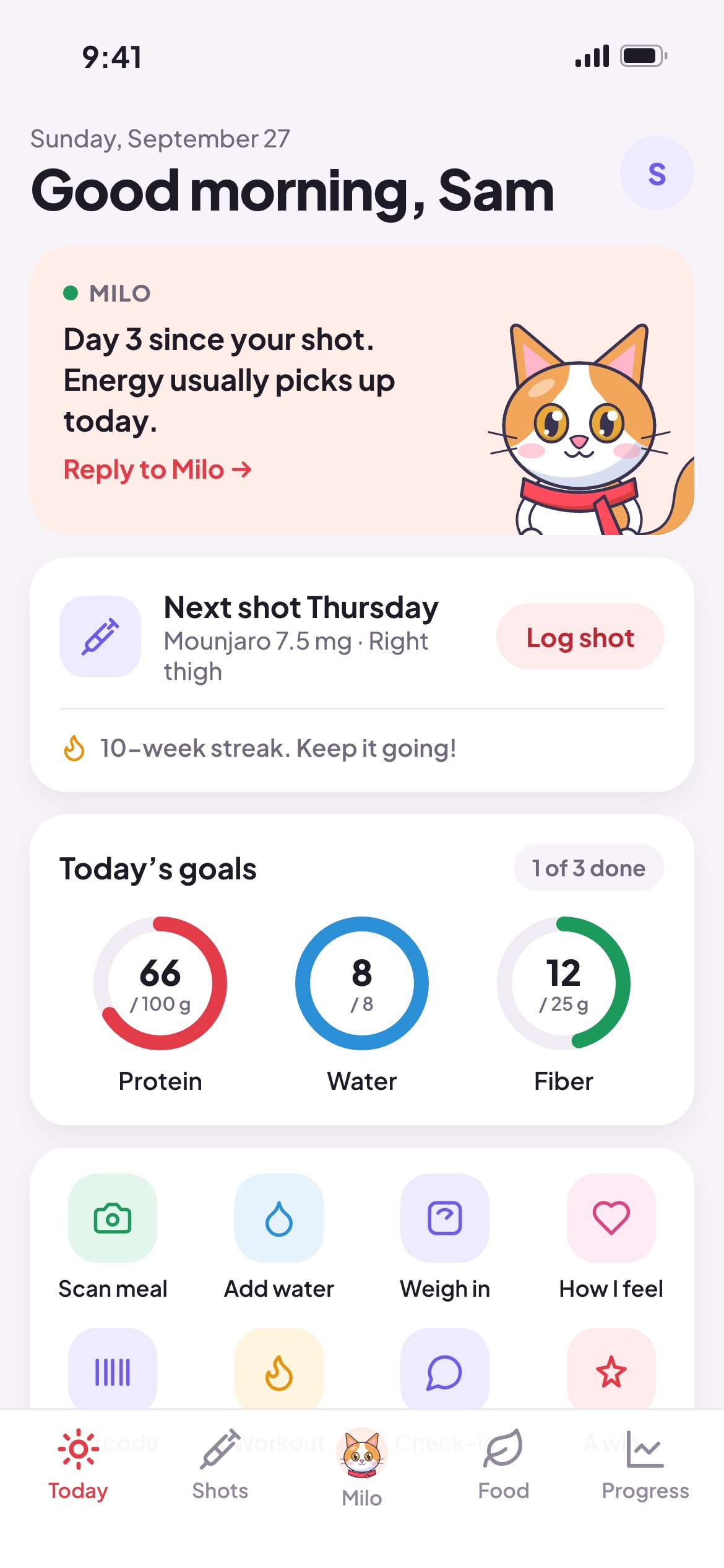 Milo's Today screen: a note from Milo, next shot Thursday, and protein, water and fiber rings